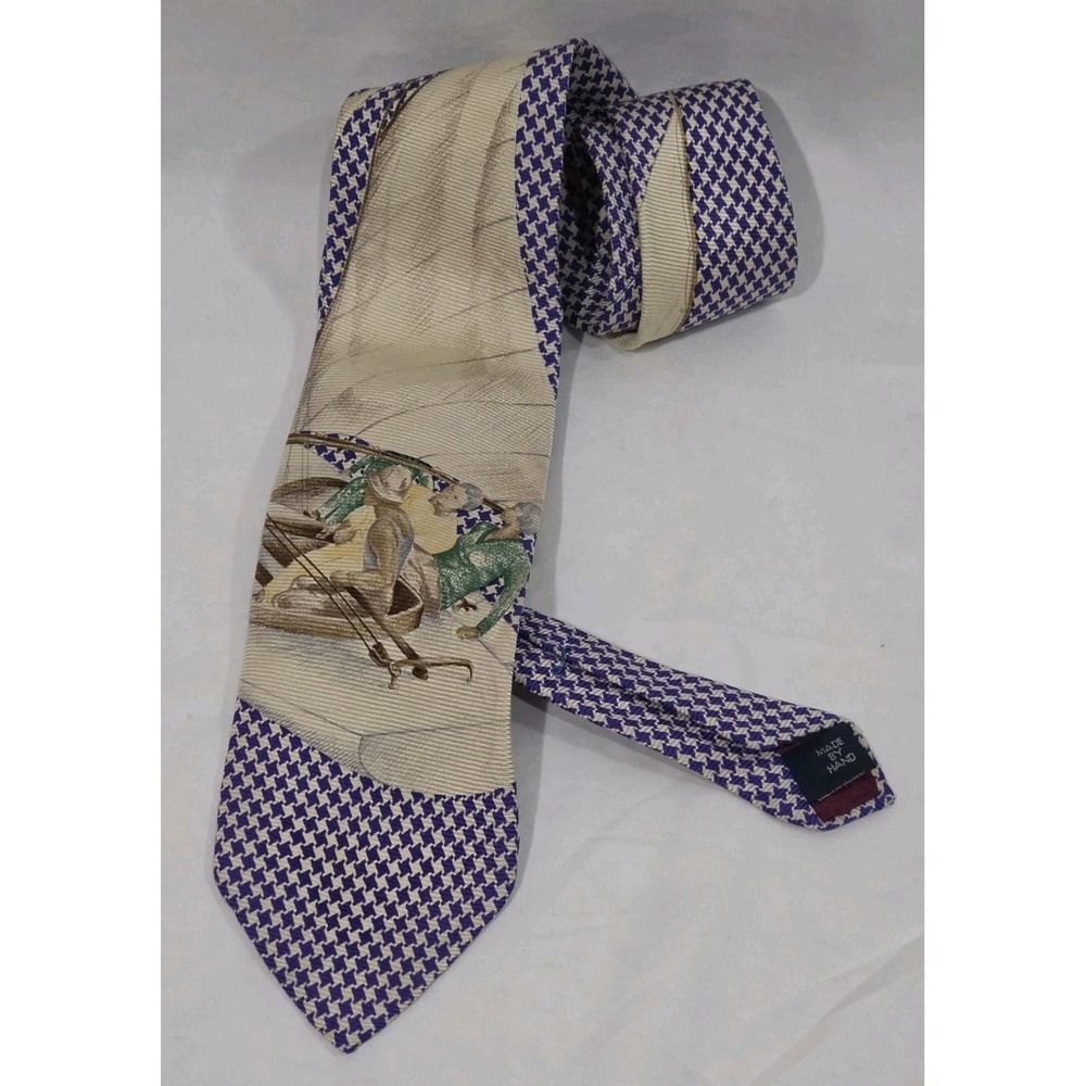 Vintage Polo‎ Ralph Lauren Silk Tie Sailing Scene Houndstooth Blue Handmade USA